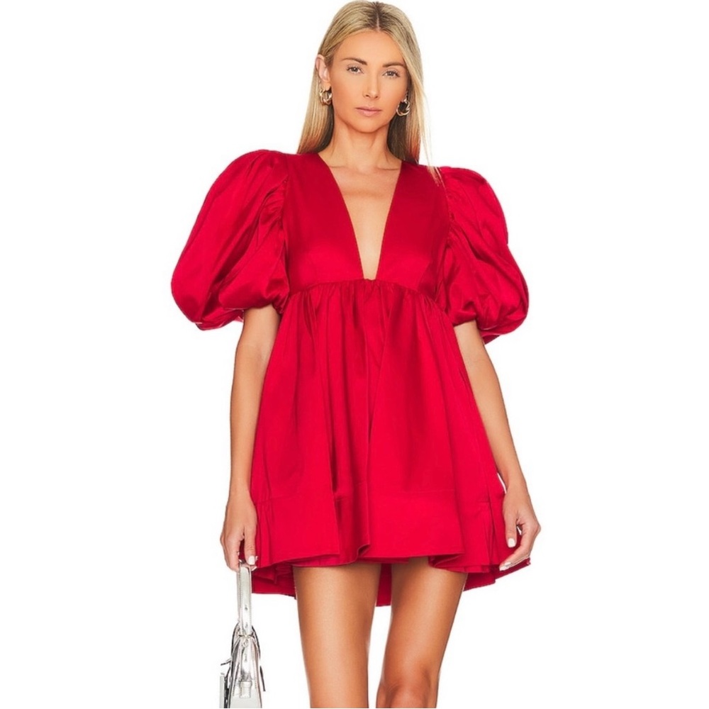 Sau Lee Babydoll Red Puff Sleeve Mini Dress
